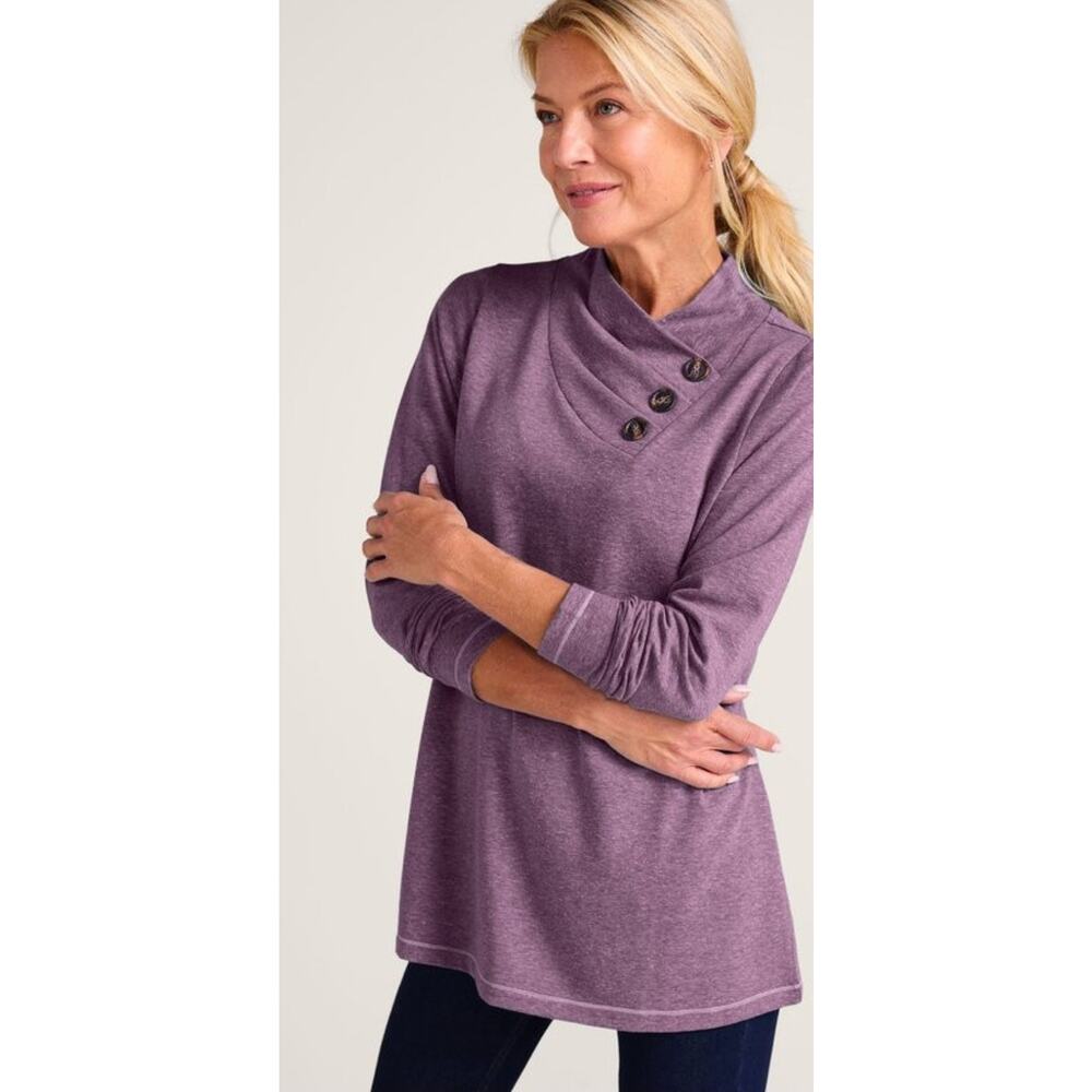 Soft Surroundings Brinley Top Purple Plum Heather Cowl‎ Neck Sz L Cozy Luxury